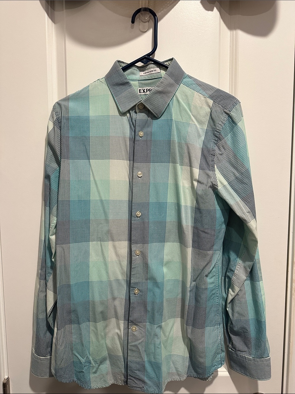 Express Extra Slim Fit Mint Green and Blue Plaid Long-Sleeve Dress Shirt
